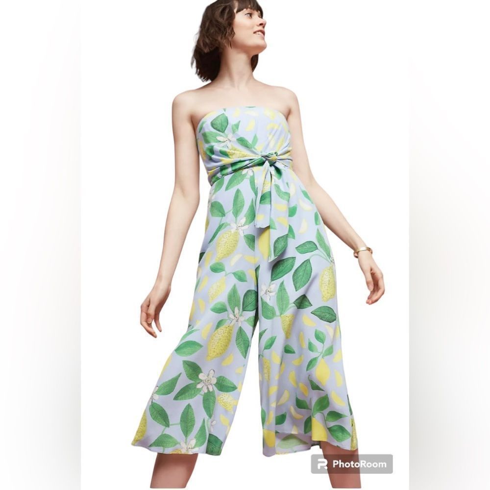Anthropologie Maeve Purple Lemon Grove Strapless Tie Waist Wide Leg Jumpsuit 10P